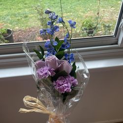 Littleton Flower Shop - 3 roses, 3 carnations, sprig of delphinium. Crappy, overpriced flowers.