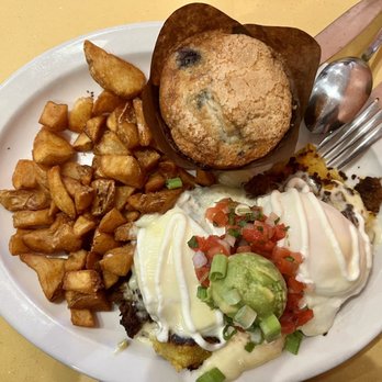 Wild Eggs - Kalamity Katie's Border Benedict with Side of Fries and Side Blueberry Muffin - Breakfast & Brunch Near Me - Indianapolis, Indiana Wild Eggs - Kalamity Katie's Border Benedict with Side of Fries and Side Blueberry Muffin - Breakfast & Brunch Near Me - Indianapolis, Indiana