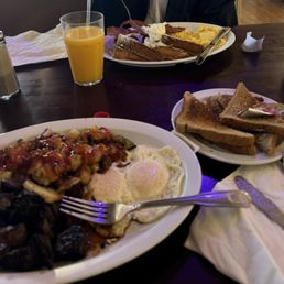Marinated steak breakfast with potatoes eggs and toast Also a French Toast breakfast with Bacon and Scrambled Eggs Marinated steak breakfast with potatoes eggs and toast Also a French Toast breakfast with Bacon and Scrambled Eggs