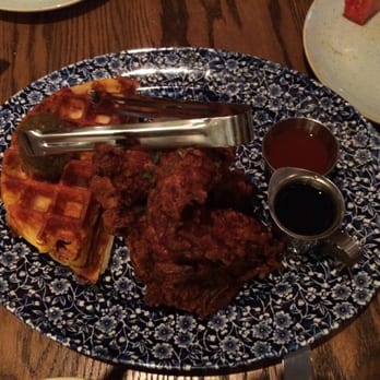 Yardbird - Chicken and Waffles ($36) - 4 pieces of chicken, cheddar waffle and spiced watermelon - Southern Near Me - Las Vegas, Nevada