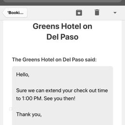 Copy of our confirmation for a late check-out at 1pm. Copy of our confirmation for a late check-out at 1pm.