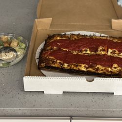 Fat Chris's Pizza and Such - Caesar salad and 10x14" Detroit style pizza (1/2 cheese, 1/2 pepperoni)