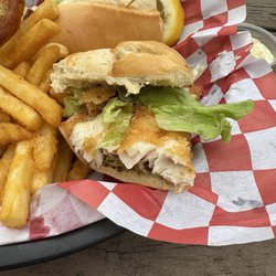 The Landmark - Walleye sandwich and wonderful, delicious french fries crunchy on the outside soft on the inside!