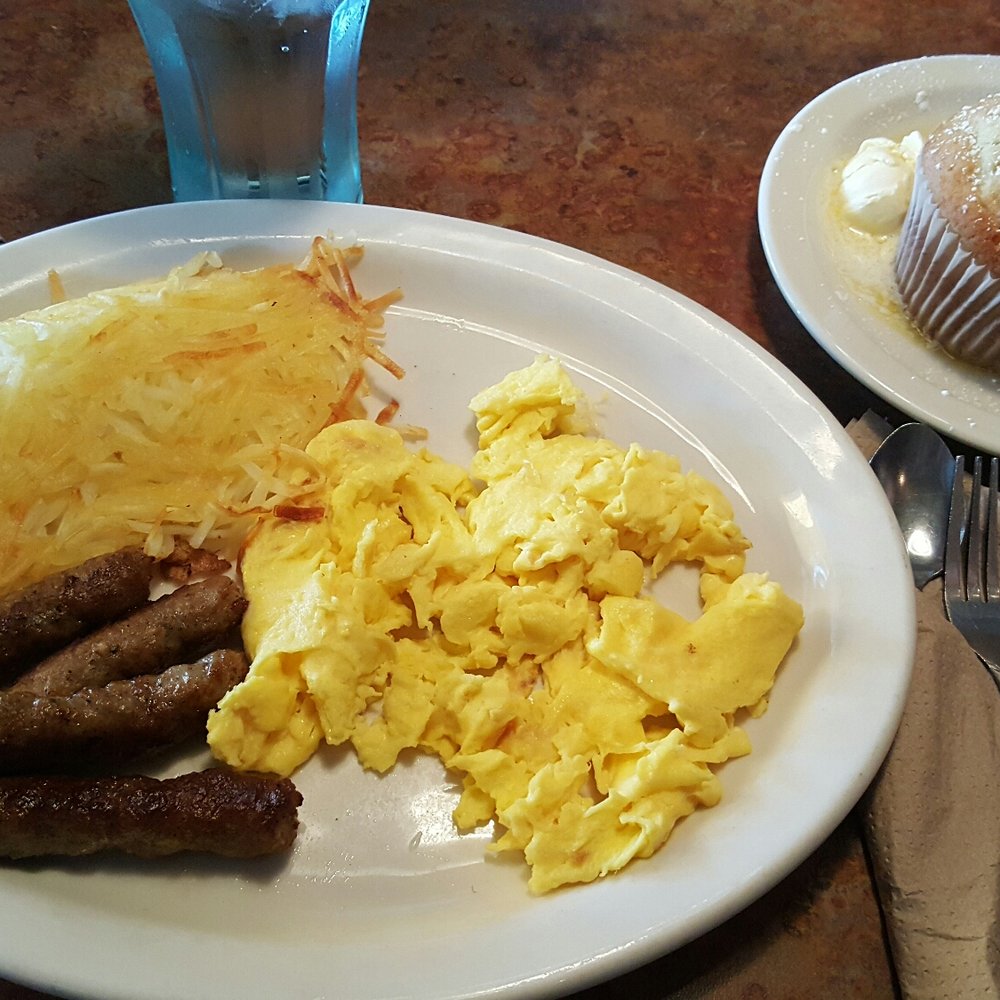 Huckleberry's - Hash browns, 4 sausage links, scrambled eggs and a blueberry muffin. - Breakfast & Brunch Near Me - Fairfield, California Huckleberry's - Hash browns, 4 sausage links, scrambled eggs and a blueberry muffin. - Breakfast & Brunch Near Me - Fairfield, California