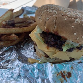 Five Guys - Bacon cheeseburger with lettuce and BBQ sauce with some Regular Fries - Burgers Near Me - Imperial Beach, California Five Guys - Bacon cheeseburger with lettuce and BBQ sauce with some Regular Fries - Burgers Near Me - Imperial Beach, California