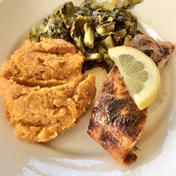 Sweet Potato Cafe - Grilled Salmon Creamed Collards Sweet Potato Soufflé - American Near Me - Stone Mountain, Georgia Sweet Potato Cafe - Grilled Salmon Creamed Collards Sweet Potato Soufflé - American Near Me - Stone Mountain, Georgia