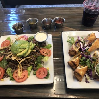 Serrano's Mexican Grill - Avocado Tomato salad and eggrolls w/ salsas and hibiscus drink - Mexican Near Me - Anchorage, Alaska