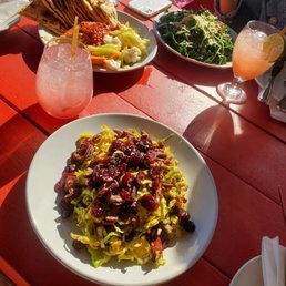 Kale Cesar Salad, Roasted Garlic Hummus, Roasted Root Vegetable Salad. Drinks (forgot names): left is a spritz and right is a tequila drink Kale Cesar Salad, Roasted Garlic Hummus, Roasted Root Vegetable Salad. Drinks (forgot names): left is a spritz and right is a tequila drink