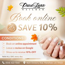 PureLuxe Nail Bar - &  %

Book online at PureLuxe Nail Bar and enjoy 10% OFF every service!