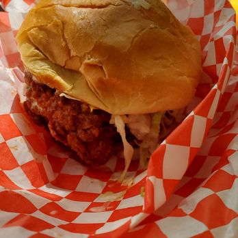 Hotbird - Hotbird fried chicken sandwich, spice level Hot. Sorry, I took a bite before I took a photo, so I rotated it a little. - Comfort Food Near Me - Oakland, California