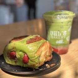 Val's Bakery - Raspberry matcha croissant and strawberry Matcha latte