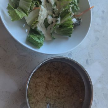 Amici Sushi - Miso and salad, complimentary with our meal,  their homemade  dressing is outstanding! Award winning in fact. - Sushi Bars Near Me - Lathrop, California