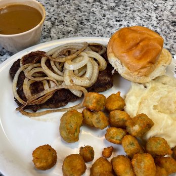 Tony's Family Restaurant - Hamburger steak with grilled onions and gravy on the side. Mashed potatoes and fried okra and roll. SO GOOD! - New American Near Me - Sealy, Texas Tony's Family Restaurant - Hamburger steak with grilled onions and gravy on the side. Mashed potatoes and fried okra and roll. SO GOOD! - New American Near Me - Sealy, Texas