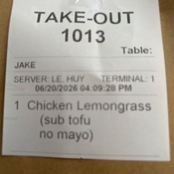 Tasty Thai Kitchen - Order receipt - Thai Near Me - Eugene, Oregon