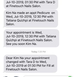 Confirmation of my 1:30 appointment with Tara D. I was in the Salon at 12:30 for my feet.