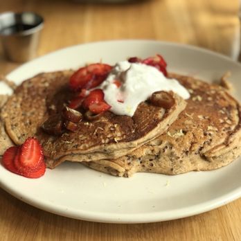 True Food Kitchen - Johnny Banana Pancakes with strawberries added - amazing! - Vegetarian Near Me - Pasadena, California True Food Kitchen - Johnny Banana Pancakes with strawberries added - amazing! - Vegetarian Near Me - Pasadena, California