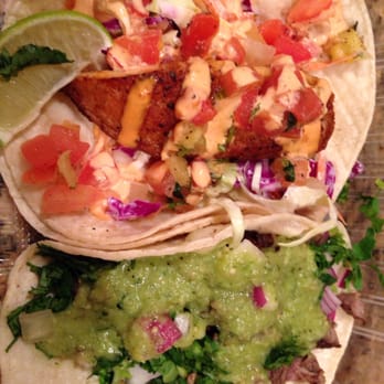Cal Eats Fresh Mexican Grill - Blackened Fish Taco (Cabbage Slaw, Chipotle Dressing, Pineapple Salsa, $2.95) & Steak Street Style Taco (Onions, Cilantro, Salsa, $1.75) - Mexican Near Me - Newark, California