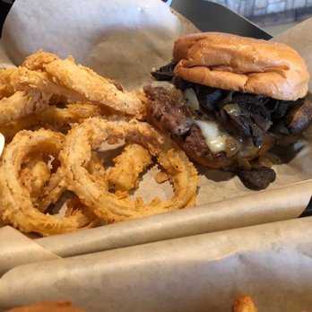 Big Burger - Austin Shrooms w/ a side of onion rings!  Burger-$7.50 onion rings- $4.50 - Burgers Near Me - Hudson Oaks, Texas