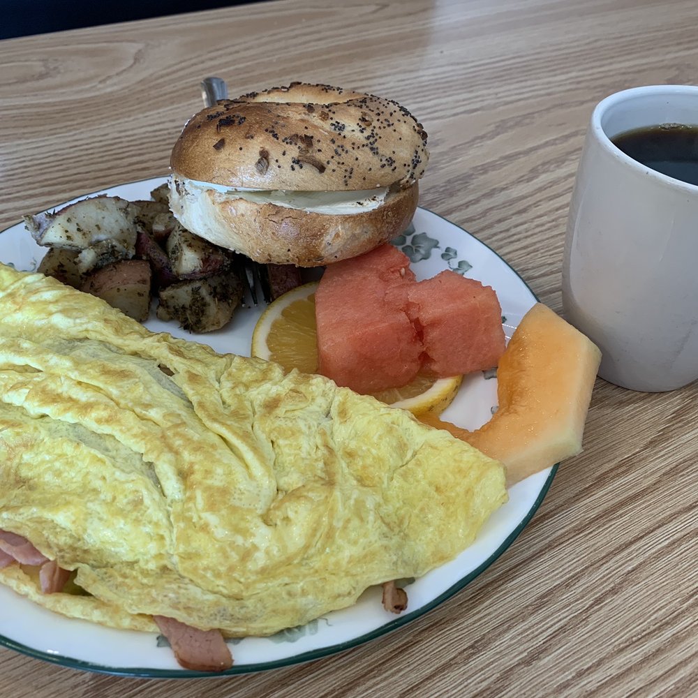 Bageland Thornebrook - Western omelette with everything bagel w cream cheese and coffee - Bagels Near Me - Gainesville, Florida Bageland Thornebrook - Western omelette with everything bagel w cream cheese and coffee - Bagels Near Me - Gainesville, Florida