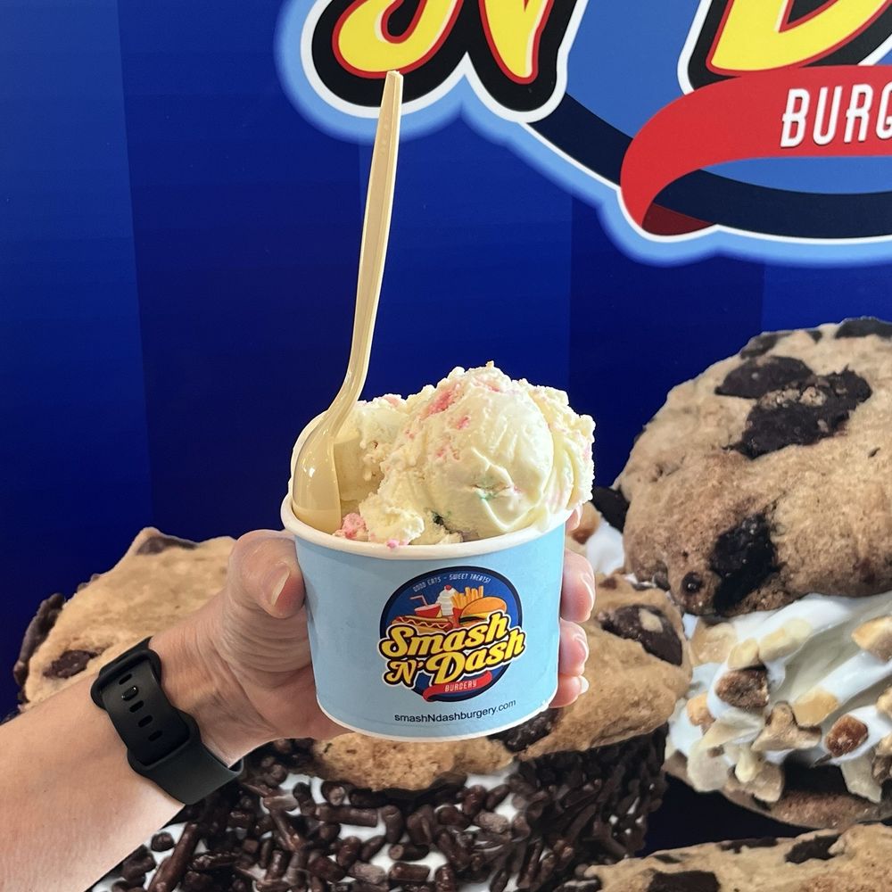Smash N Dash Burgery - Birthday Cake and banana ice cream cup - Burgers Near Me - Seaford, Delaware Smash N Dash Burgery - Birthday Cake and banana ice cream cup - Burgers Near Me - Seaford, Delaware