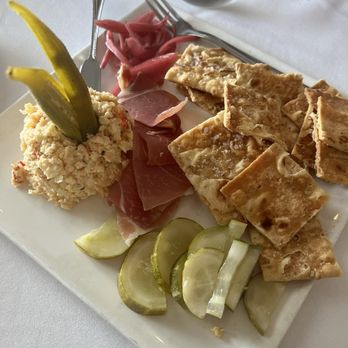 City Kitchen - Southern charcuterie appetizer- pimento cheese, house made pickles and onions, country ham, crackers and okra. It was wonderful. - New American Near Me - Beaufort, North Carolina