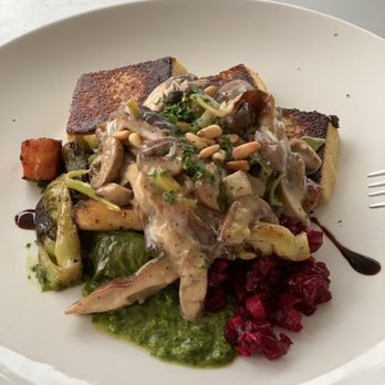 Bleu Olive - Grilled Polenta with veggies, mushroom ragu and Brussels sprouts - Mediterranean Near Me - Durham, North Carolina