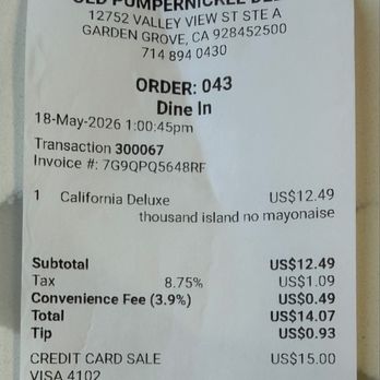 Old Pumpernickel Deli - Receipt for the Turkey sandwich - Delis Near Me - Garden Grove, California Old Pumpernickel Deli - Receipt for the Turkey sandwich - Delis Near Me - Garden Grove, California