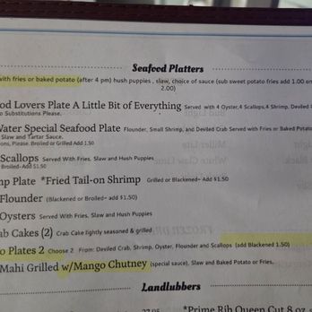 Salt Water Grille - "Served with fries or baked potato," but upcharged $1.50. "Add blackened 1.50," but upcharged $3. "w/ Mango Chutney," but wasn't. - American Near Me - Longs, South Carolina