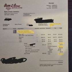 Sam & Sons Jewelers - Receipt showing costs agreed to for previous work and ZERO dollars still due for work order accepted.