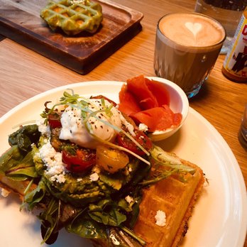 Nero Waffles - Avocado squash breakfast classic waffle with an extra sockeye salmon - Delicious also have a macha mini waffle and a latte - Waffles Near Me - Vancouver, British Columbia Nero Waffles - Avocado squash breakfast classic waffle with an extra sockeye salmon - Delicious also have a macha mini waffle and a latte - Waffles Near Me - Vancouver, British Columbia