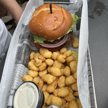 Burger Moe's - Beer Battered Wisconsin Cheese Curds Lamb Kofta Burger. You can substitute curds for fries. Tzatziki sauce is delish and curds great! - Burgers Near Me - Saint Paul, Minnesota