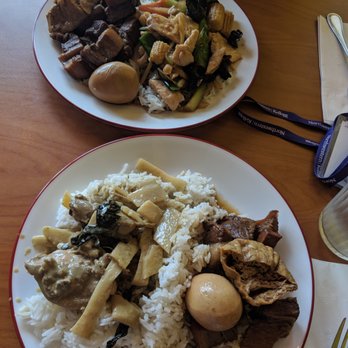Immm Rice and Beyond - Top: paa lo (braised pork belly) + ginger chicken Bottom: paa lo + gaeng kiew whan gai (green curry chicken) - Thai Near Me - Chicago, Illinois Immm Rice and Beyond - Top: paa lo (braised pork belly) + ginger chicken Bottom: paa lo + gaeng kiew whan gai (green curry chicken) - Thai Near Me - Chicago, Illinois