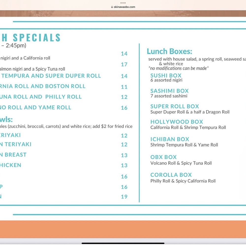 Okinawa Sushi & Grill - Screenshot of menu from their website (Nov 2024) - Zoom in for details and prices - FRESH FRESH FRESH & SUPER REASONABLE PRICES - Japanese Near Me - Corolla, North Carolina