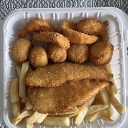 JC Fish and Chips - #10 Fried flounder, scallops, shrimp and fries.