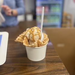 Let's Chill Homemade Ice Cream - Caramel Crunch in Waffle Bowl with extra Caramel