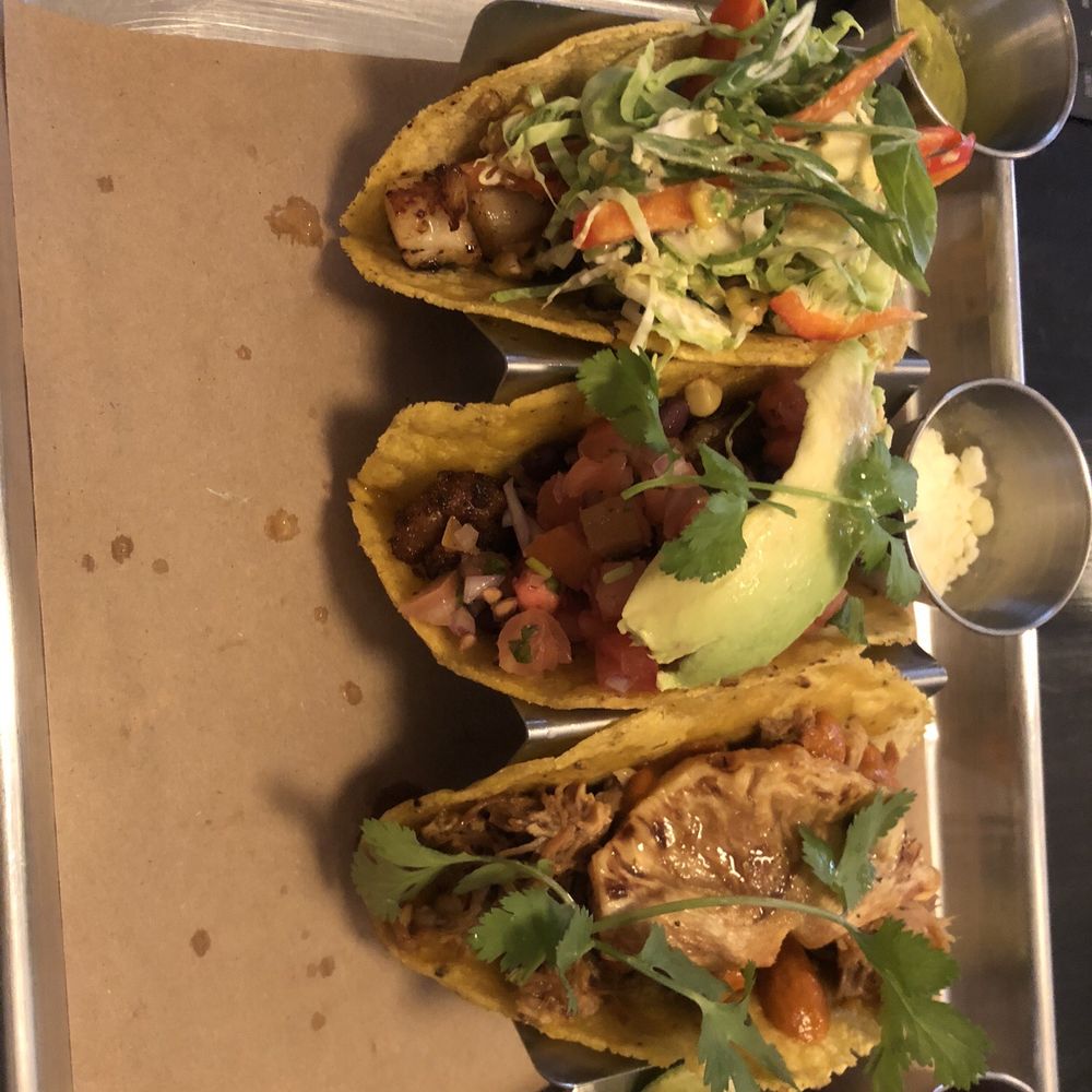 TAQ - From left to right: scallops, shrimp, pork with pineapple. I asked for sauces and cheeses on the side. - Tacos Near Me - New York, New York