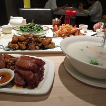 Congee Queen - L to R: BBQ Pork and Duck, Fried Oysters, Snowpea Leaves, Fried Lobster, Shrimp and Chicken with Vegetable Congee - Chinese Near Me - Markham, Ontario Congee Queen - L to R: BBQ Pork and Duck, Fried Oysters, Snowpea Leaves, Fried Lobster, Shrimp and Chicken with Vegetable Congee - Chinese Near Me - Markham, Ontario