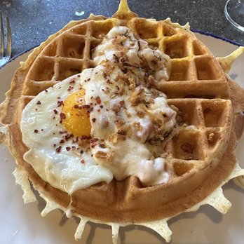 Green Pig Bistro - Waffle with egg and meat deliciousness. - New American Near Me - Arlington, Virginia