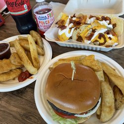 Chili cheese nachos with bacon, chicken strip combo, and hamburger combo came to $22 including tax. Solid value.