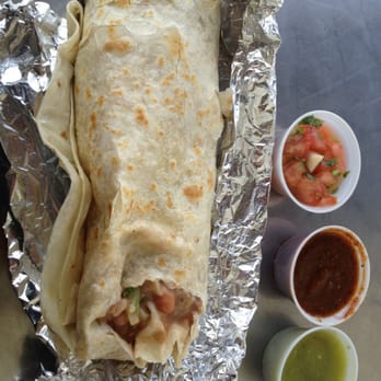 Taco Plus - Bean, rice & cheese burrito. At under $5, this could be the best bang for your buck in Los Angeles. Note the variety of salsas! - Mexican Near Me - Los Angeles, California