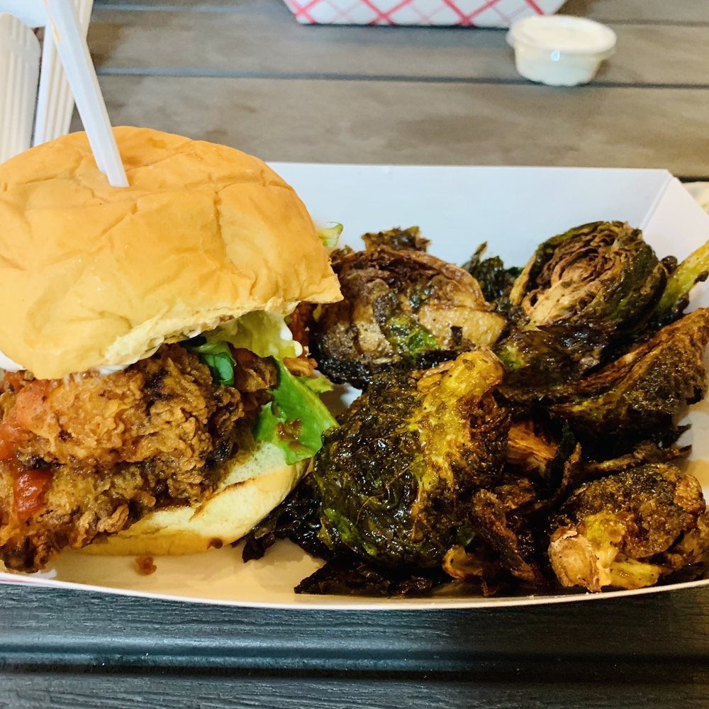 This is the cluck cluck chicken sandwich with brussels sprouts