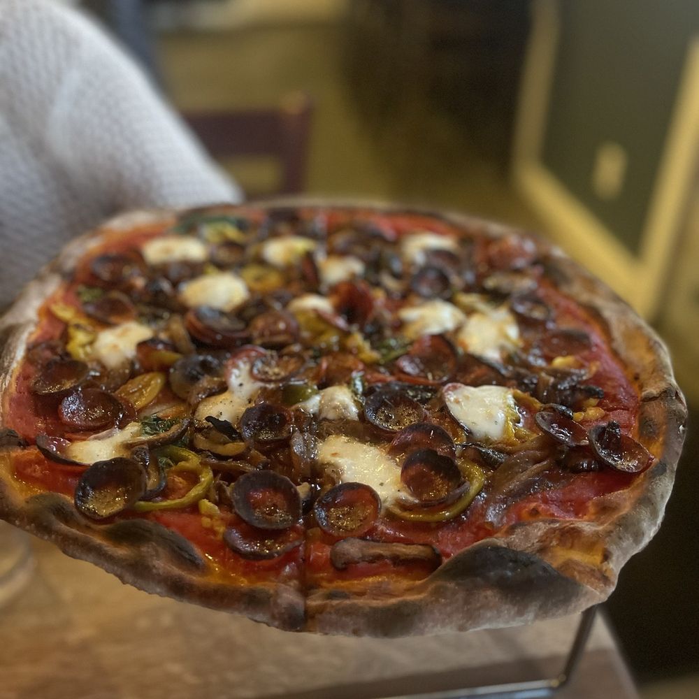 1943 Pizza Bar - Margarita pizza with pepperoni, hot pepper, caramelized onions and mushrooms - Delicious - Pizza Near Me - Greenport, New York 1943 Pizza Bar - Margarita pizza with pepperoni, hot pepper, caramelized onions and mushrooms - Delicious - Pizza Near Me - Greenport, New York