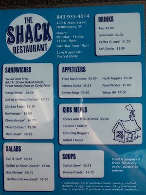 Menu photo 2 The Shack Restaurant Hemingway, SC Menu photo 2 The Shack Restaurant Hemingway, SC