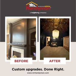 Mr. Handyman of Olathe, Gardner - Living Room Remodel - ceiling tile, chandelier, wall paint, wainscoting, fireplace tile