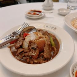 China Tang - From Set Lunch Menu. Ho Fun Rice Noodles with Beef in Black Bean Sauce Topping.