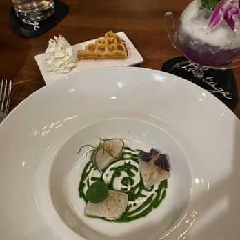 Partage - Scallop sashimi, yuzu and watercress dressing, cod waffle, sesame chantilly - French Near Me - Las Vegas, Nevada Partage - Scallop sashimi, yuzu and watercress dressing, cod waffle, sesame chantilly - French Near Me - Las Vegas, Nevada