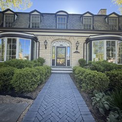 Aztec Stone Design Brick Paving - Unilock Copthorne Basalt front walk & steps with Unilock Ledgestone Buff copings (Oak Park)