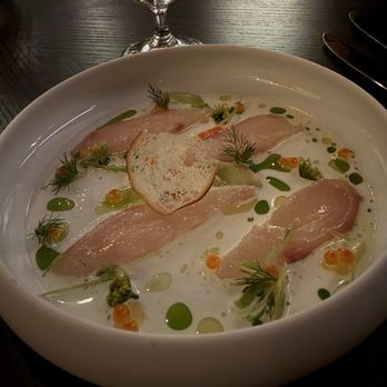 Napa Rose - Hiramasa Crudo Lime Oil, Bread Crisp, Fennel Blossom - American Near Me - Anaheim, California Napa Rose - Hiramasa Crudo Lime Oil, Bread Crisp, Fennel Blossom - American Near Me - Anaheim, California