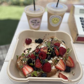 Coffee Dose - Toasts of Goat cheese, balamasic dressing, green plants , strawberries, raspberries and blueberries perfect for summer treat! - Coffee & Tea Near Me - Irvine, California Coffee Dose - Toasts of Goat cheese, balamasic dressing, green plants , strawberries, raspberries and blueberries perfect for summer treat! - Coffee & Tea Near Me - Irvine, California