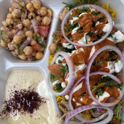 Habibi Middle Eastern Coney & Curry - Chicken and lamb platter with hummus, pita, and chickpea salad!